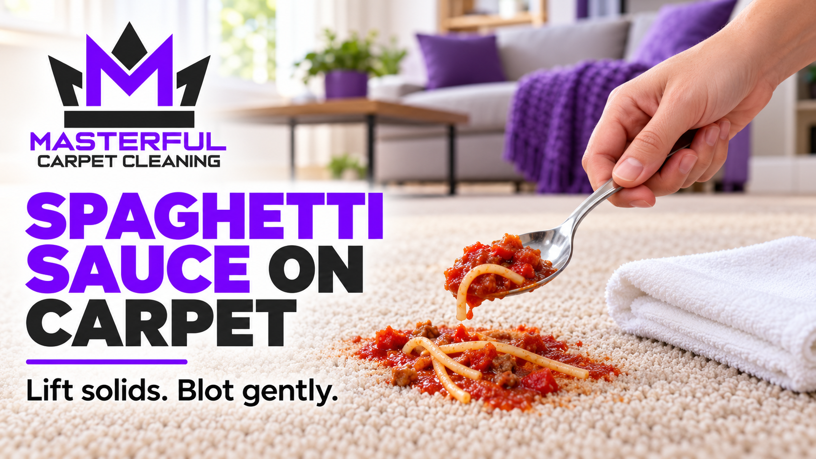 Illustration of spaghetti and tomato sauce being lifted from carpet with a spoon, with a white cloth beside the spill.