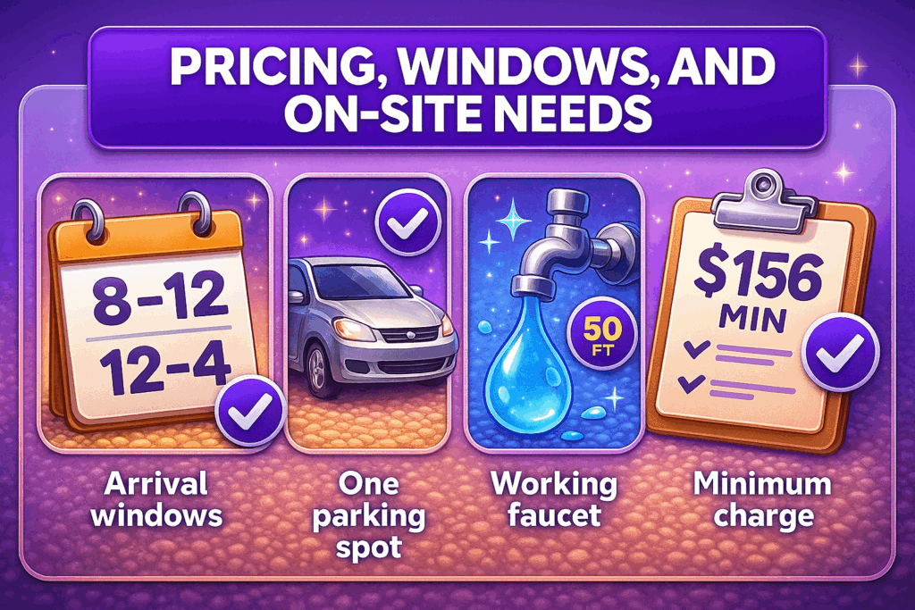 Pricing, windows, and on-site needs (so you can plan)