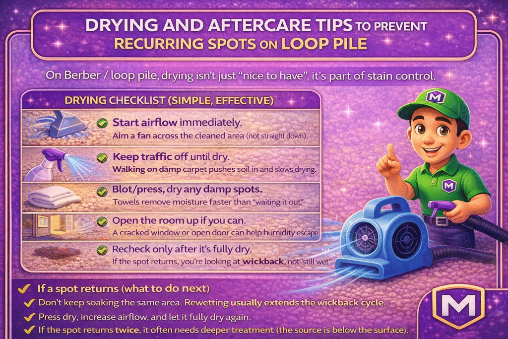 Drying and aftercare tips to prevent recurring spots on loop pile