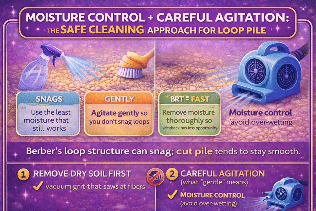 Moisture control + careful agitation the safe cleaning approach for loop pile