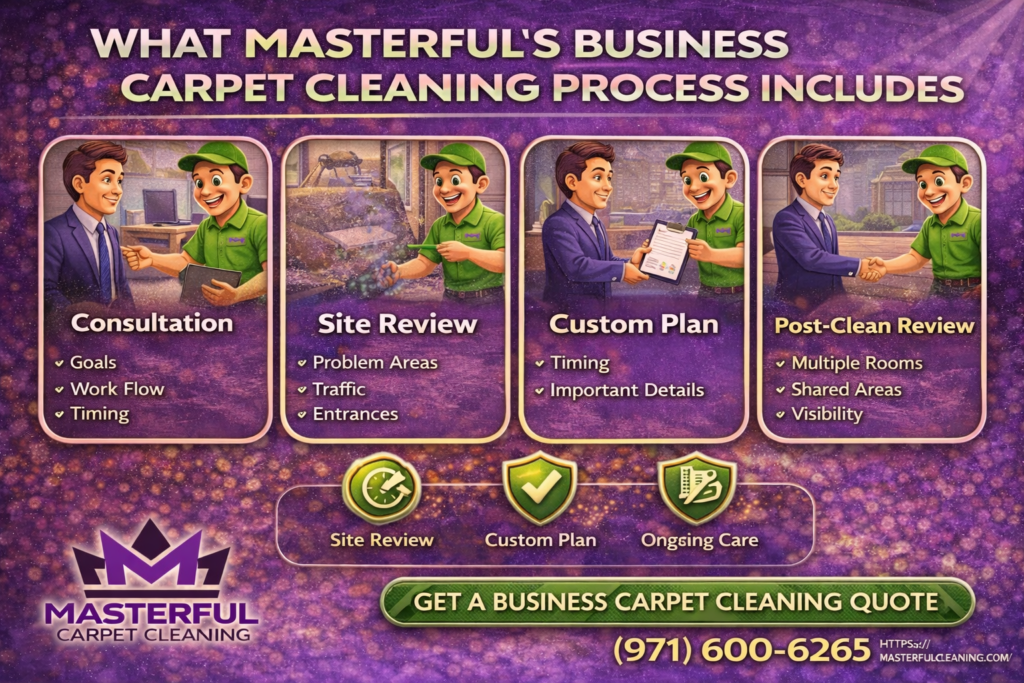 What Masterful’s business carpet cleaning process includes