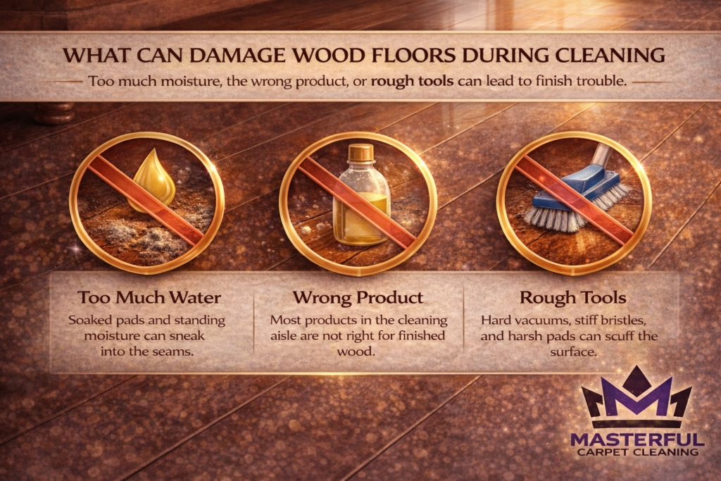 What can damage wood floors during cleaning