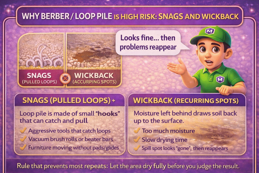 Why Berber loop pile is high risk snags and wickback