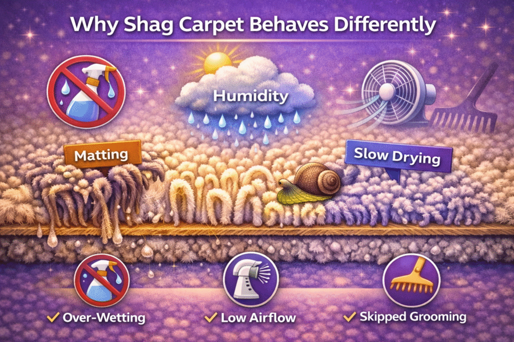 Why shag (long pile) carpet mats and dries slowly