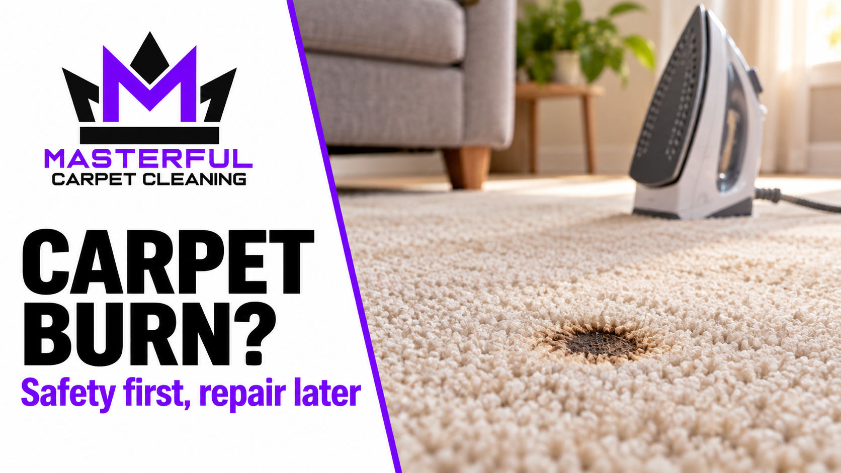 Masterful Carpet Cleaning cover showing a cooled small carpet burn and an iron set aside, titled Carpet Burn? Safety first, repair later