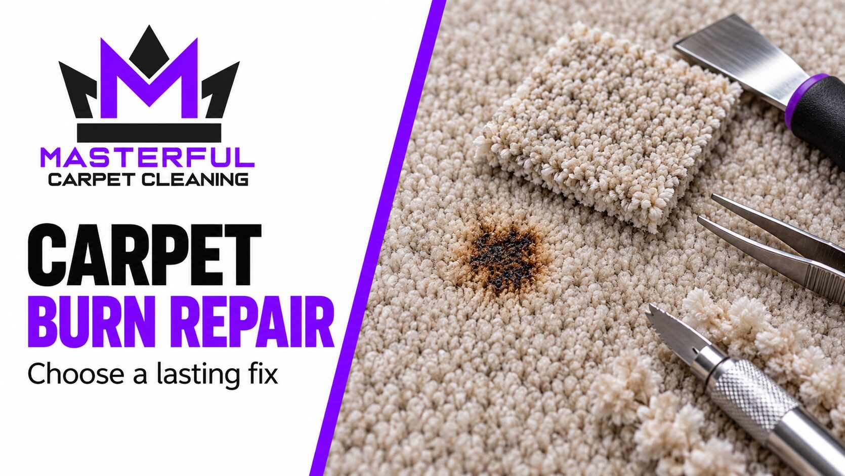Masterful Carpet Cleaning cover showing a carpet burn, a matching carpet piece and repair tools