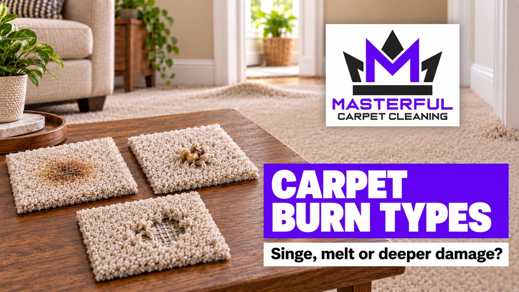 Three carpet samples showing a slight singe, fused fibers and a missing pile area, with Masterful Carpet Cleaning brand text
