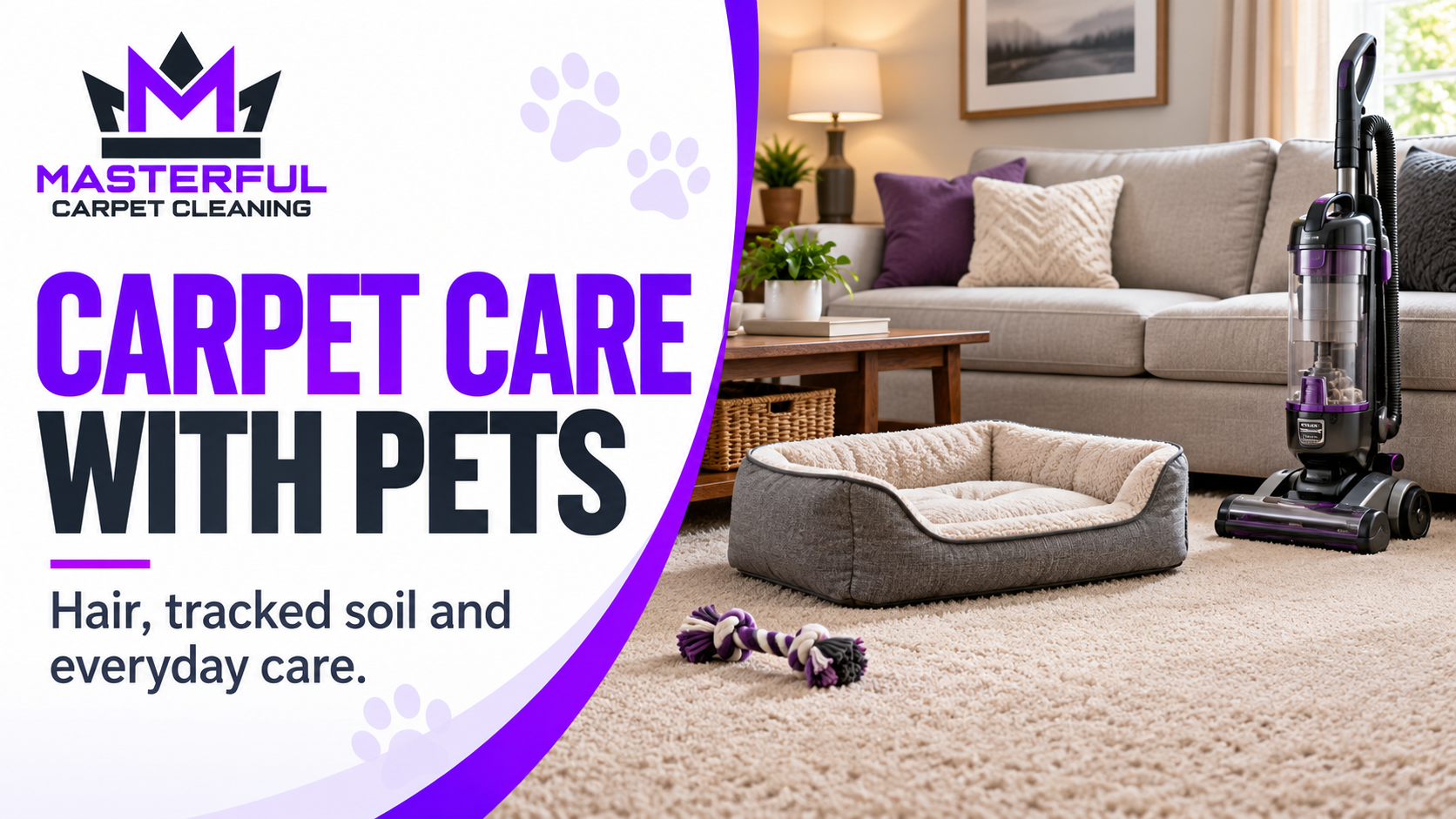 Illustrative carpeted living room with an upright vacuum, empty pet bed and rope toy beside the title Carpet Care With Pets.
