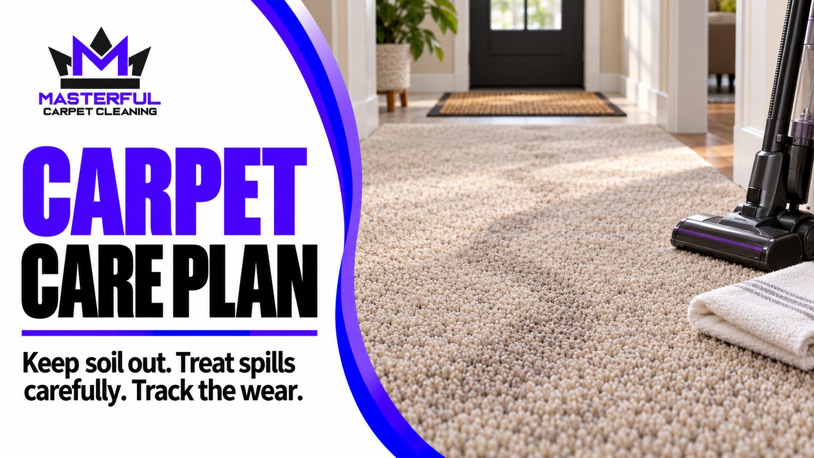 Masterful Carpet Care Plan cover with verified purple and black logo, entry mat, carpet traffic lane, vacuum and cloth, and text to keep soil out, treat spills carefully and track wear
