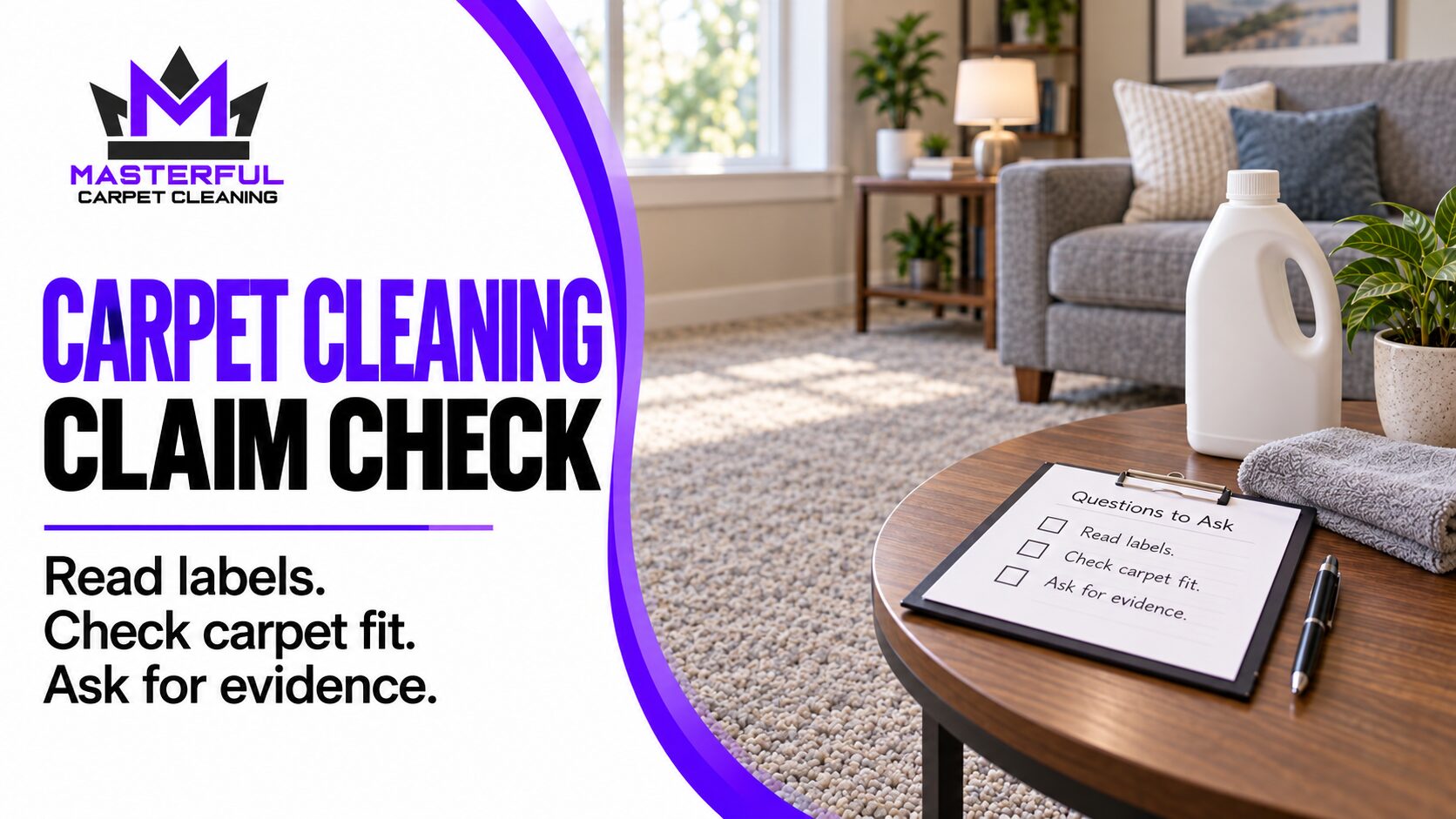 Masterful Carpet Cleaning cover with a plain bottle and checklist beside the words Read labels, check carpet fit, ask for evidence