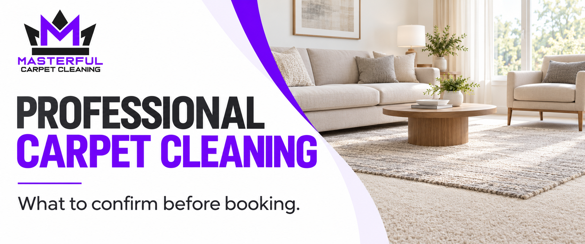 Masterful Carpet Cleaning booking guide beside an illustration of a carpeted living room.