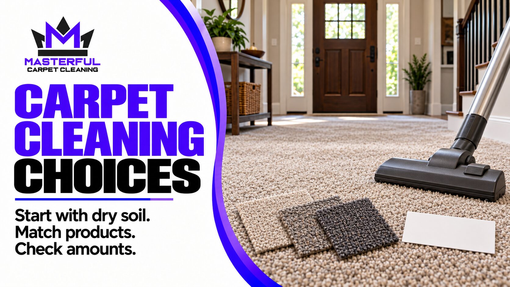 Masterful Carpet Cleaning choices guide: vacuum head and carpet samples near an entry, with reminders to start with dry soil, match products and check amounts.