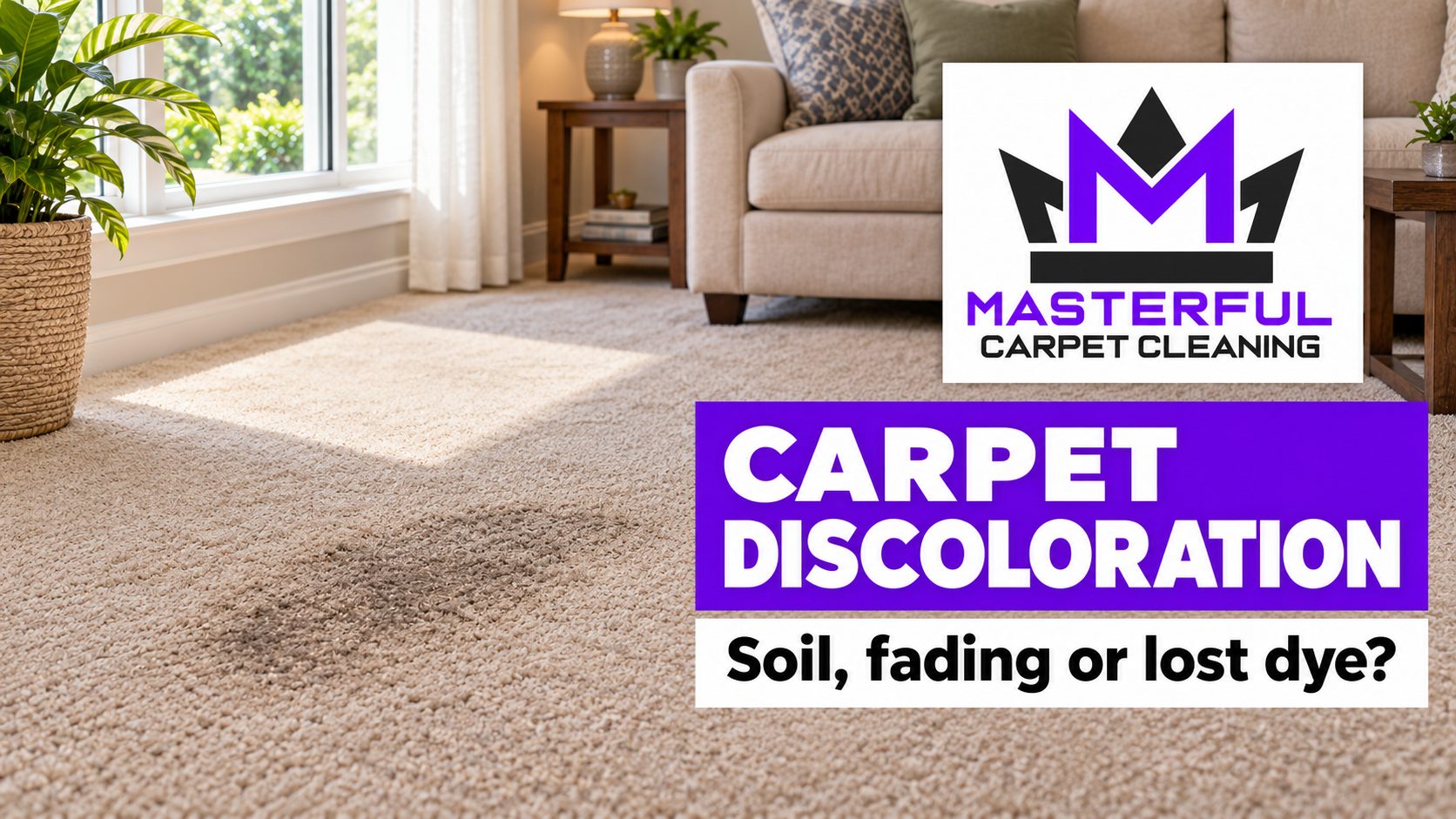 Masterful Carpet Cleaning cover with purple and black logo, dark carpet soil patch and separate pale sunlit area, reading Carpet Discoloration