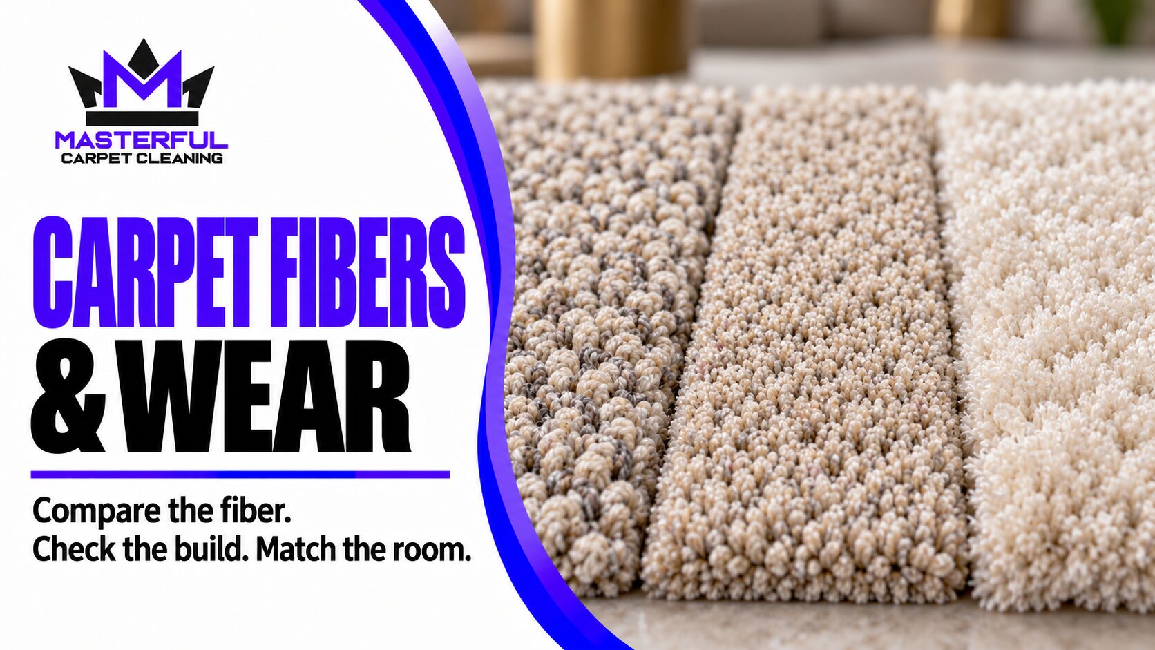 Masterful carpet durability guide with three different carpet pile samples, verified purple and black logo, and text to compare fiber, build and room use