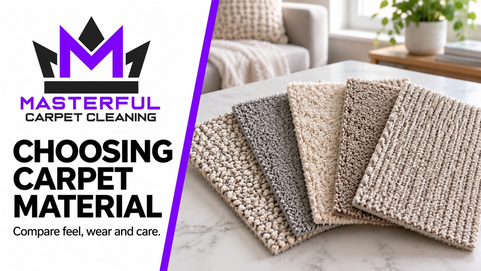 Masterful Carpet Cleaning branded illustration of five carpet samples with different pile textures beside the words Choosing Carpet Material