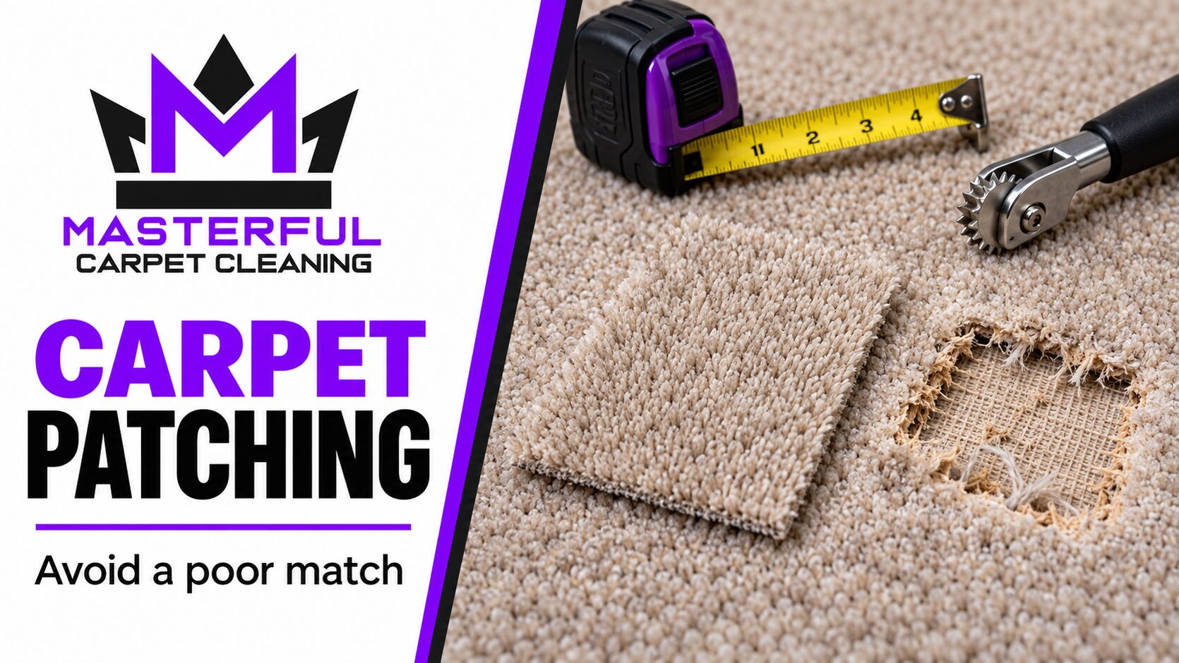Masterful Carpet Cleaning carpet patching cover with donor carpet beside damaged carpet and tools for a match check