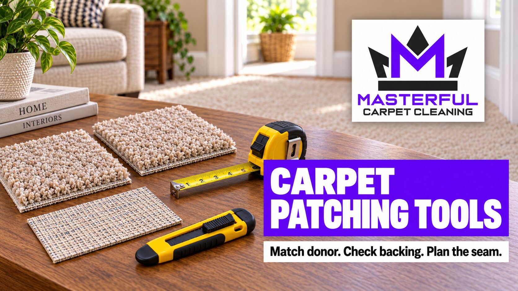 Two matching carpet samples and a backing sample beside a tape measure and capped utility knife, with Masterful Carpet Cleaning brand text