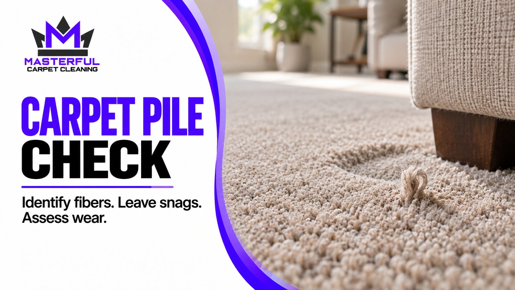 Masterful Carpet Cleaning carpet pile check cover showing a small carpet snag and the words Identify fibers, leave snags, assess wear