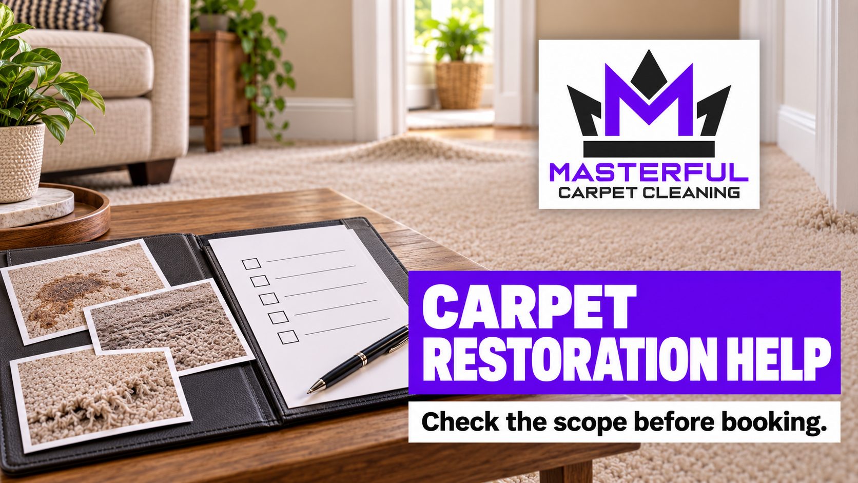 Masterful Carpet Cleaning cover with purple and black logo, a folder of carpet condition photos and a blank checklist beside a raised carpet area, reading Carpet Restoration Help