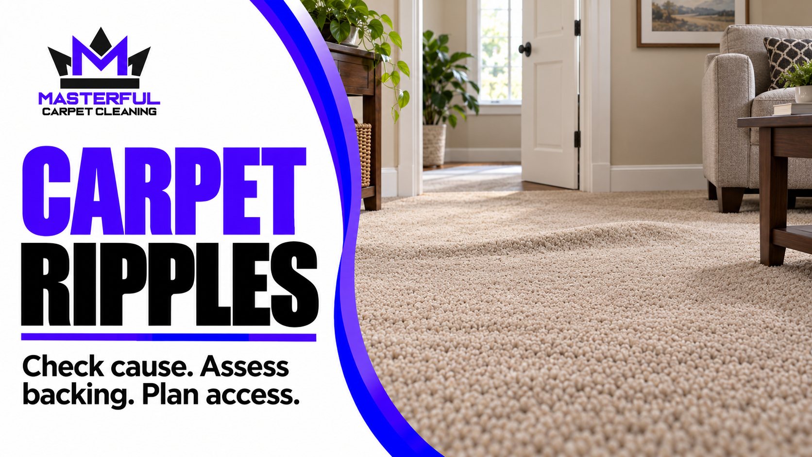 Masterful carpet ripples cover with verified purple and black logo, a raised wave in beige carpet near a doorway, and text to check cause, assess backing and plan access
