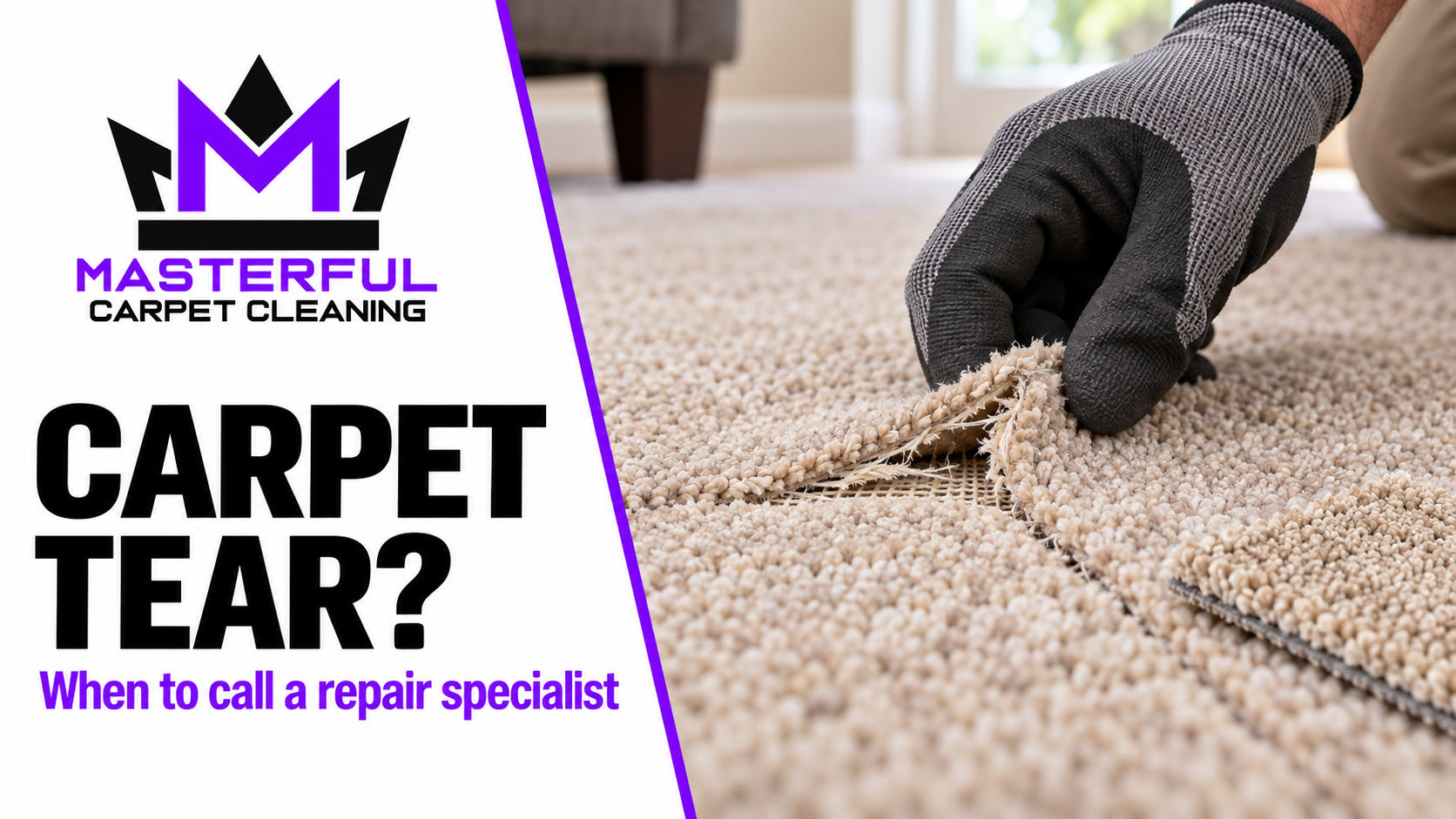 Masterful Carpet Cleaning cover showing a lifted carpet tear being inspected, titled Carpet Tear? When to call a repair specialist