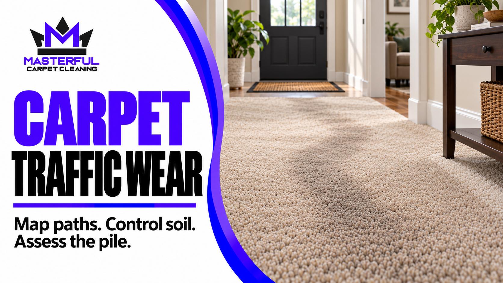 Masterful carpet traffic wear cover with purple and black logo, entry mat and darker walking lane, and text to map paths, control soil and assess the pile