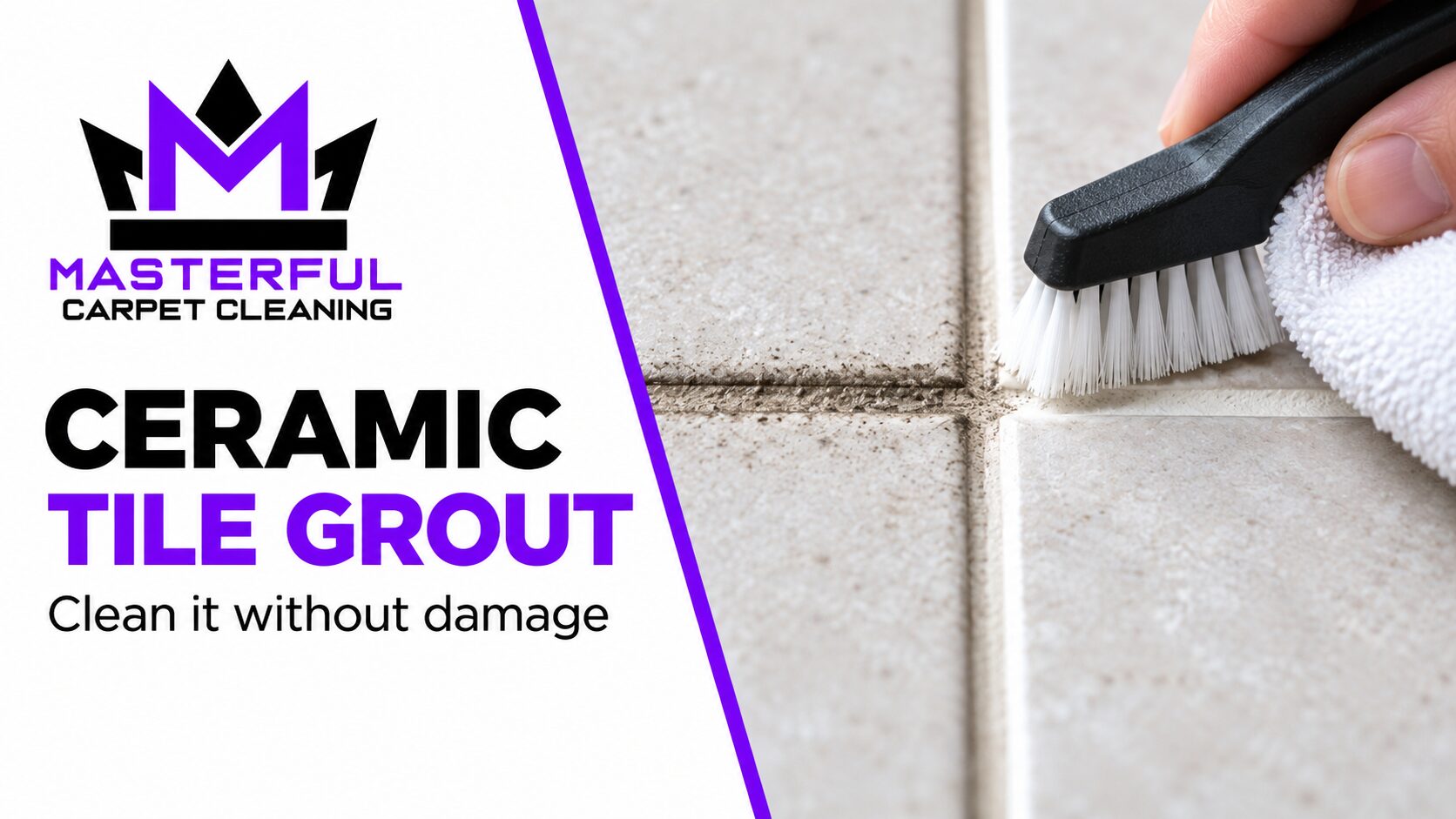 Masterful ceramic tile grout cover showing a nylon brush beside stained and clean grout lines