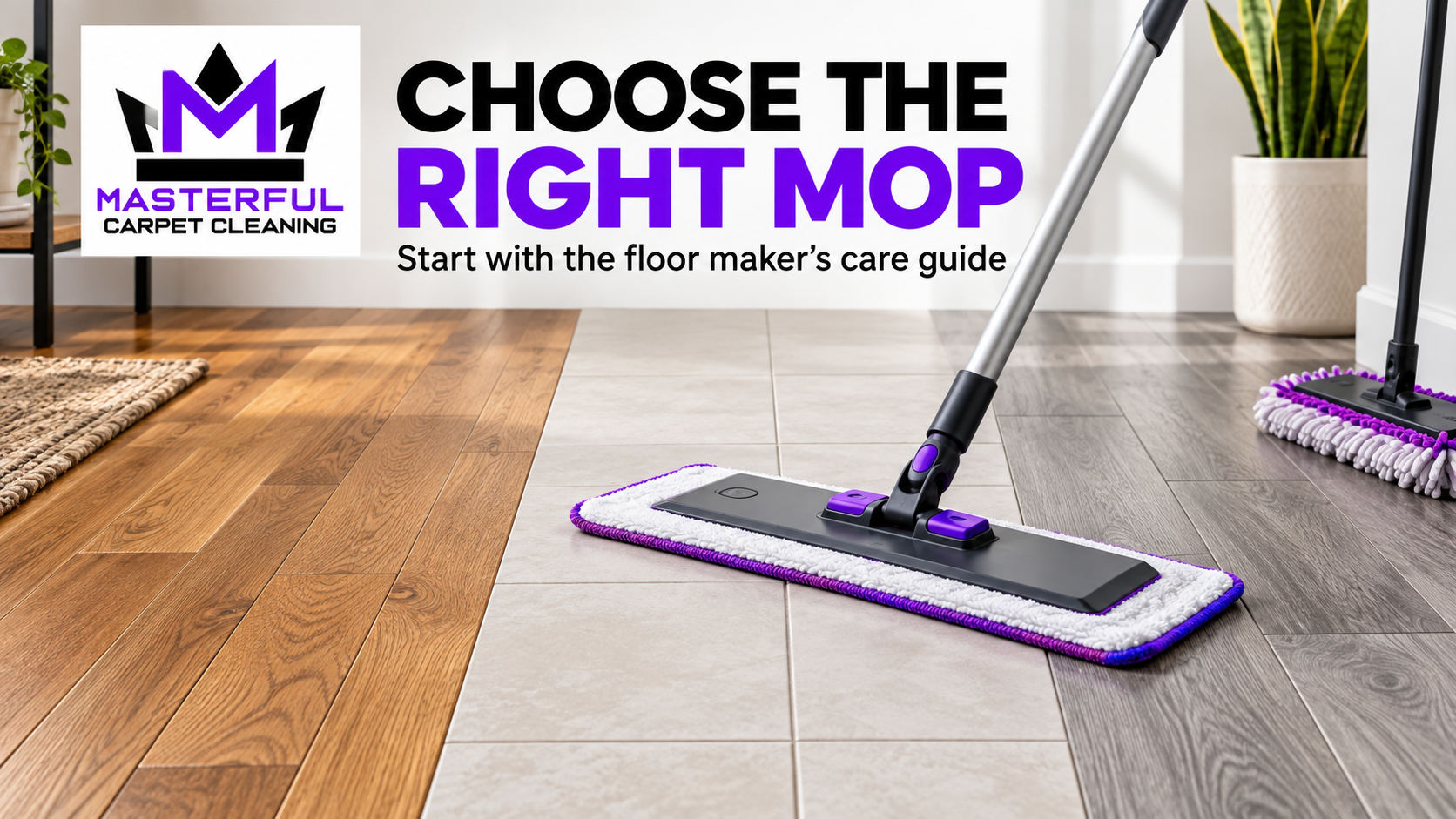 Masterful Carpet Cleaning mop selection guide showing a flat microfiber mop across wood, tile and vinyl floor samples, with Choose the Right Mop text and verified brand logo