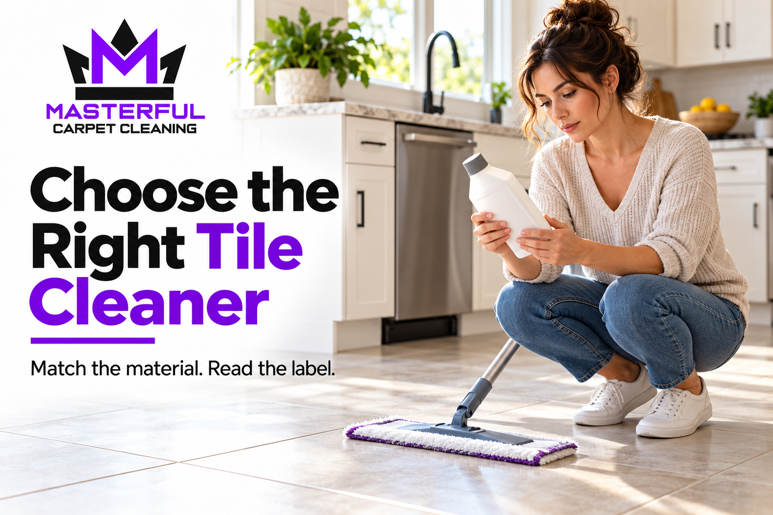 Masterful Carpet Cleaning cover: Choose the Right Tile Cleaner. A homeowner checks a bottle beside a mop on a tiled floor.