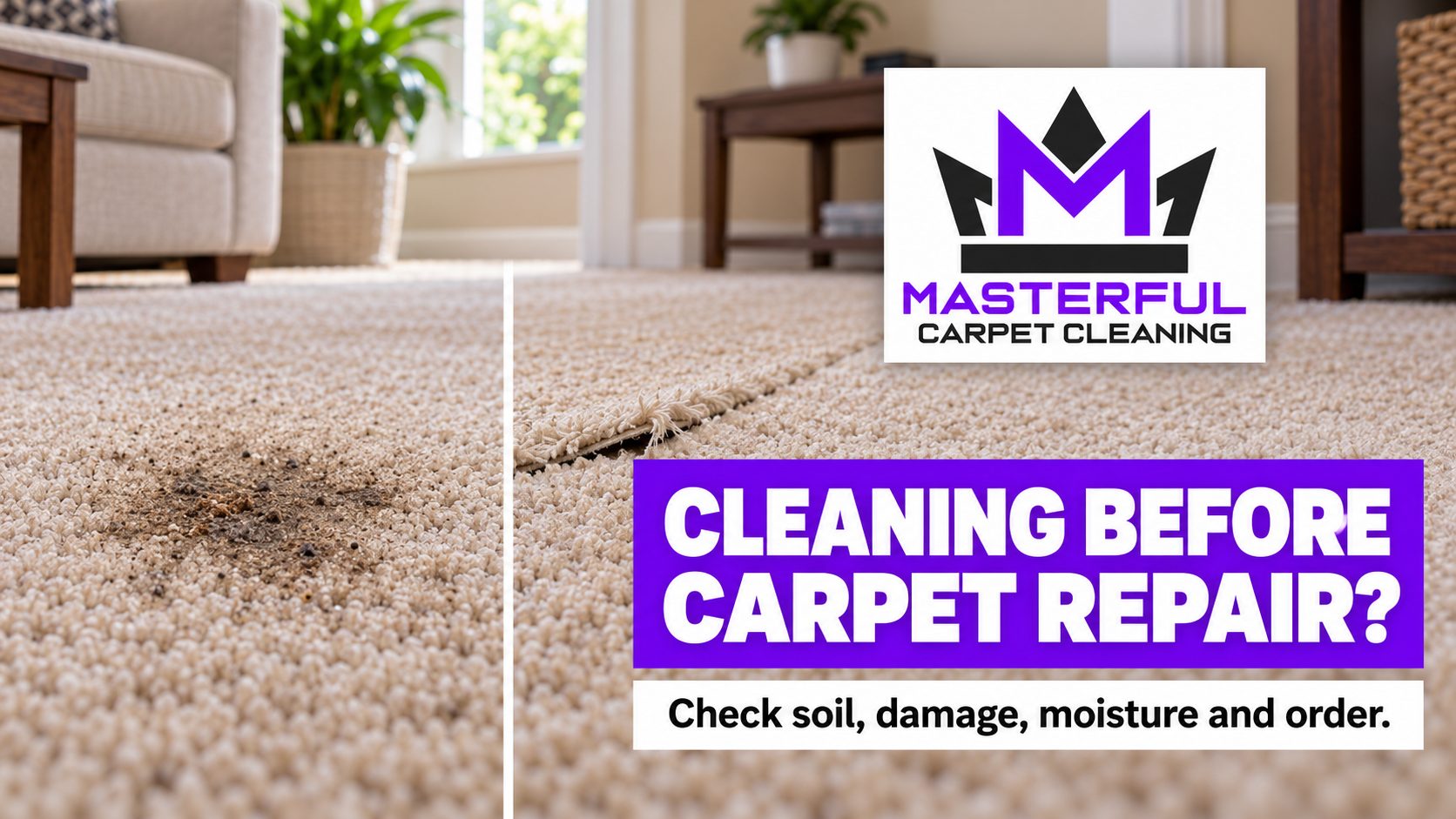 Masterful Carpet Cleaning cover with purple and black logo, soil on one carpet area and a separate lifted seam, asking Cleaning Before Carpet Repair?