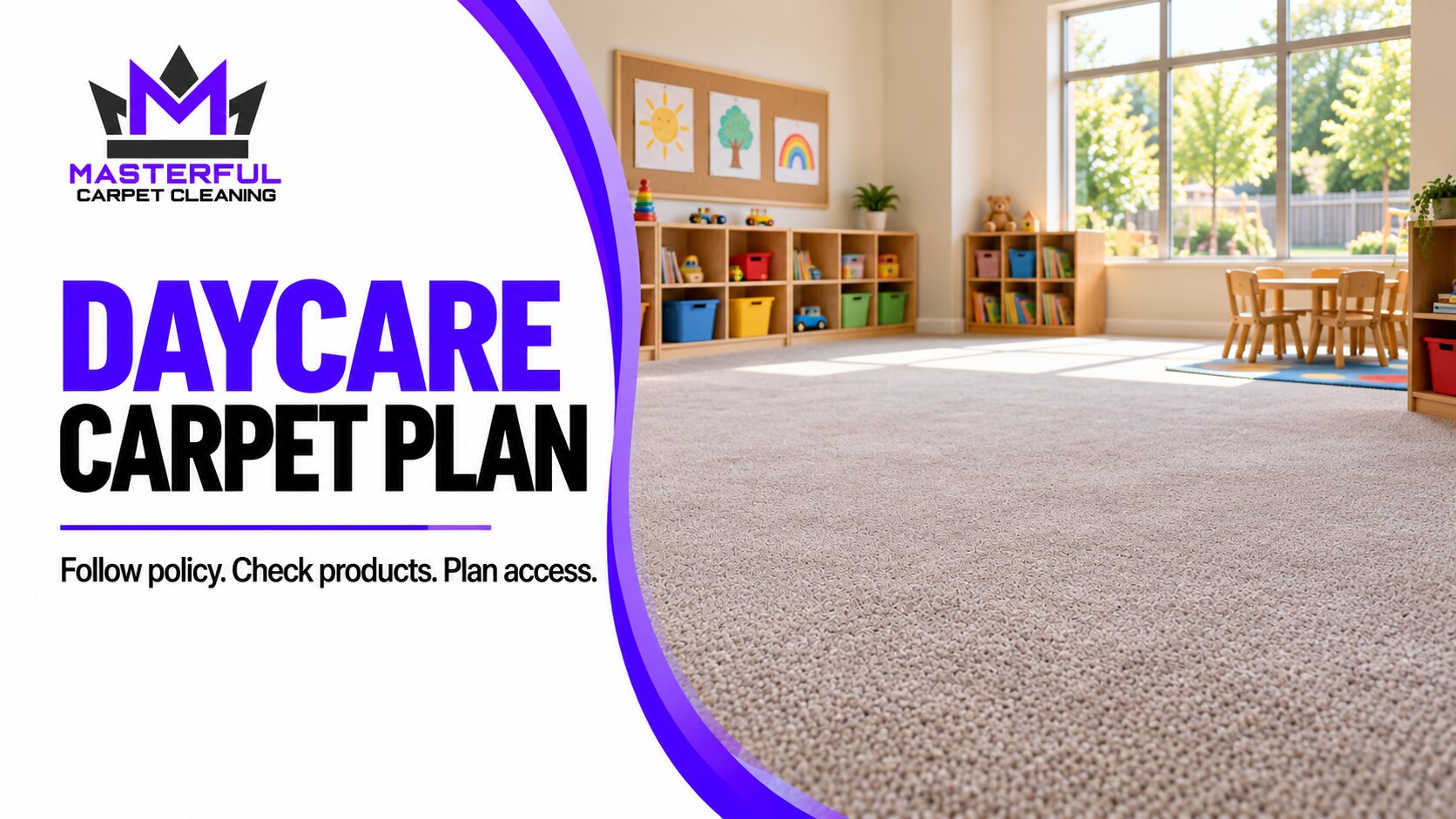Masterful Carpet Cleaning daycare carpet plan cover with an empty carpeted playroom and the words Follow policy, check products, plan access