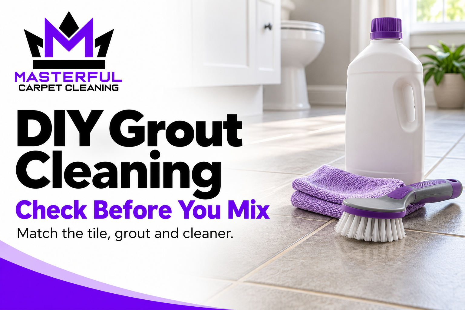 Masterful Carpet Cleaning cover: DIY Grout Cleaning. Check Before You Mix. A closed cleaner bottle, soft brush and cloth stand on a tiled floor.