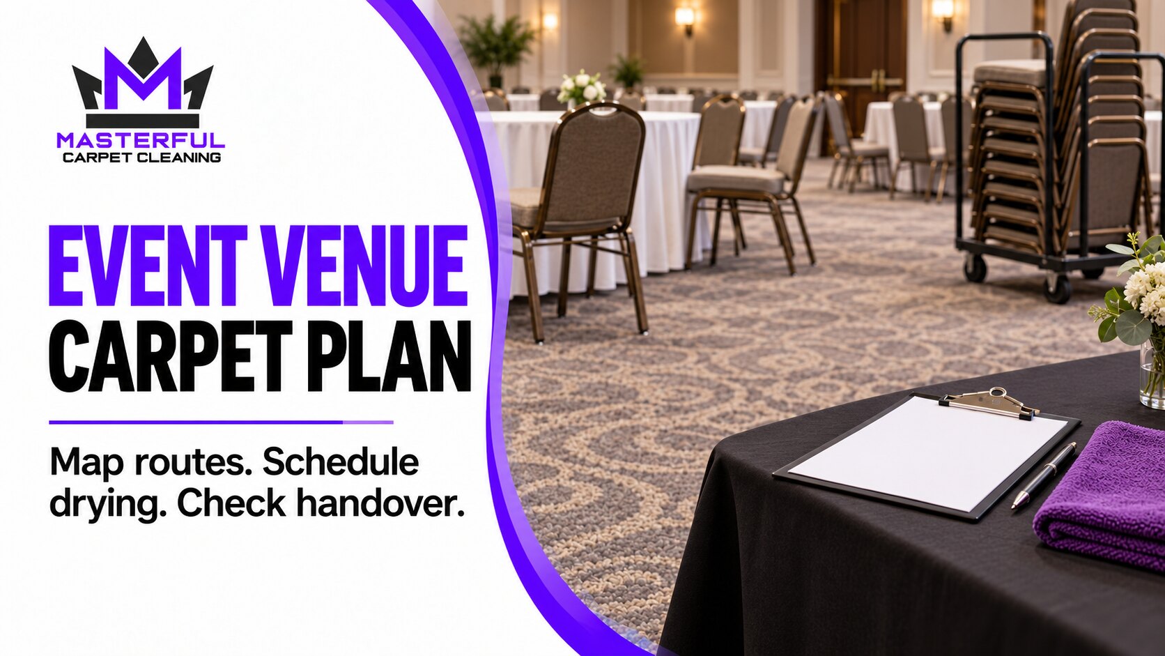 Masterful Event Venue Carpet Plan cover with a carpeted venue, blank checklist and purple cloth; map routes, schedule drying and check handover.