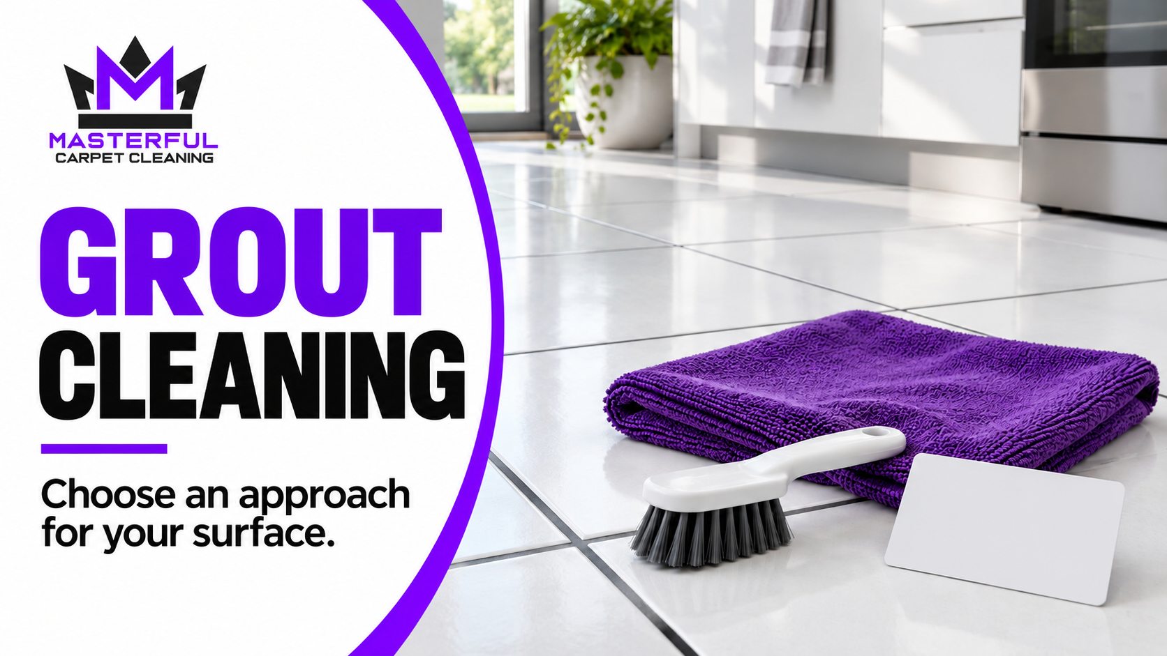 Masterful Grout Cleaning guide with tiled floor, grout brush and purple cloth