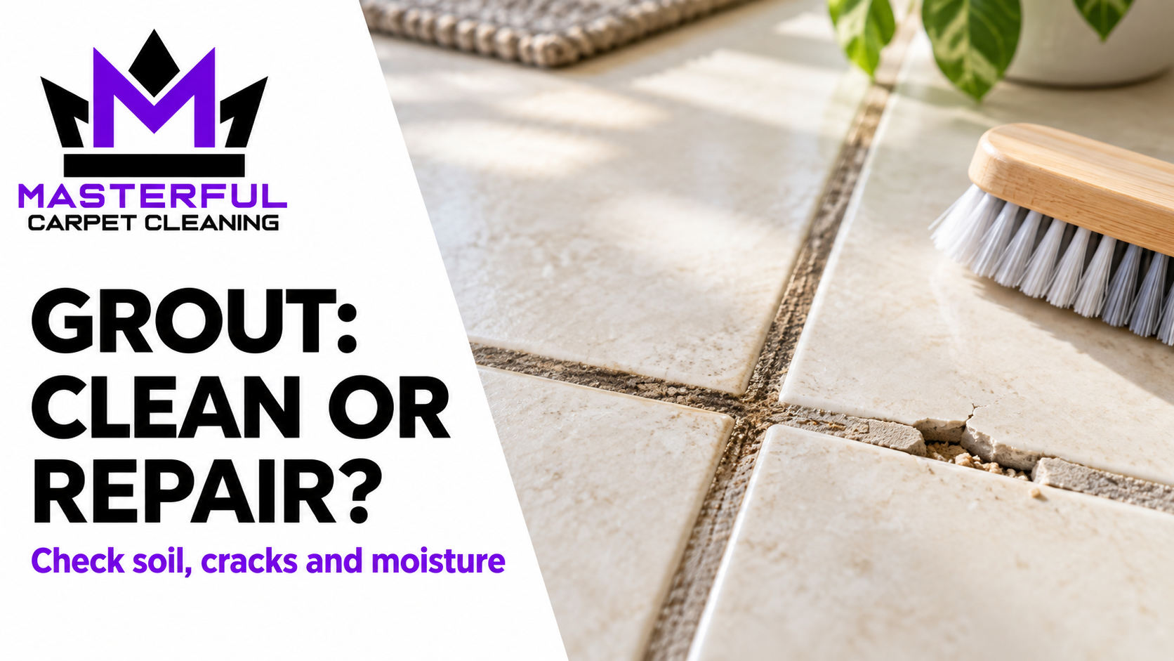 Masterful Carpet Cleaning cover comparing soiled grout with a cracked joint: grout, clean or repair?