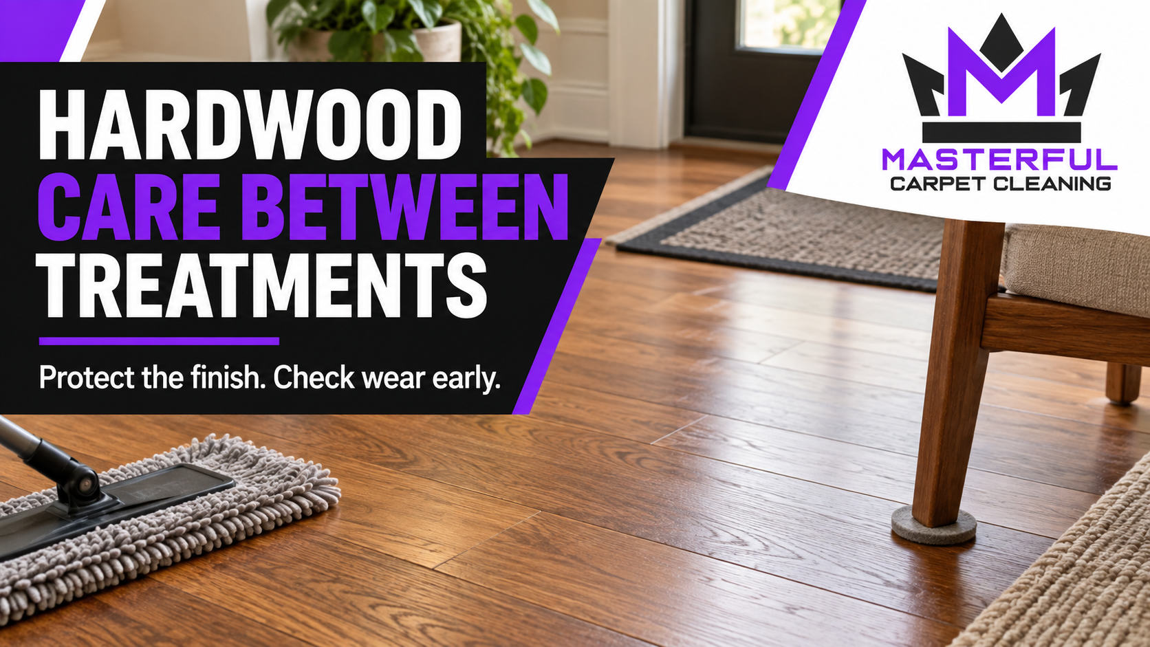 Masterful Carpet Cleaning hardwood care cover with a dry dust mop, entrance mat and felt furniture pad, titled Hardwood Care Between Treatments
