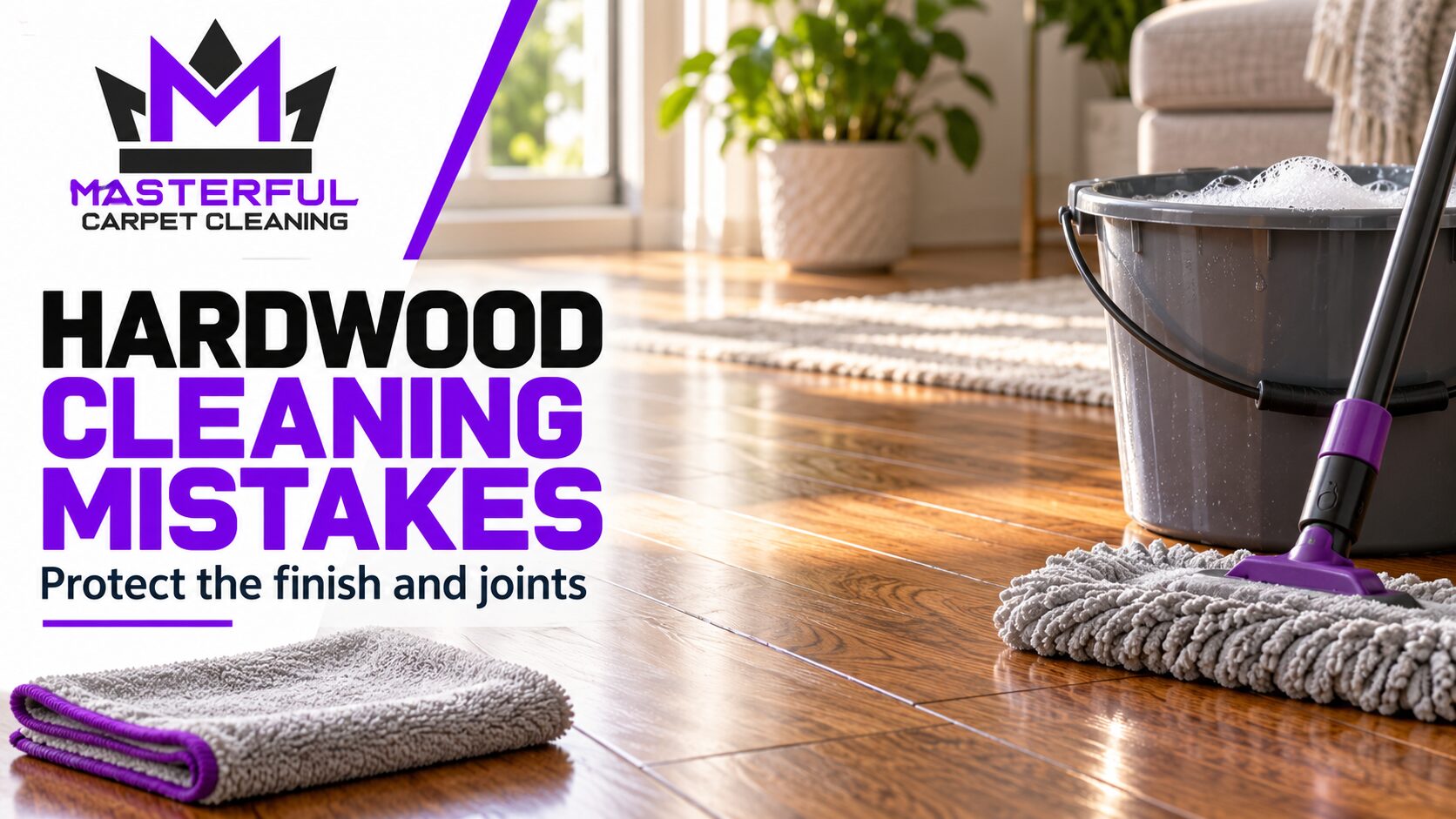 Masterful hardwood cleaning mistakes cover with a mop and bucket beside a wood floor