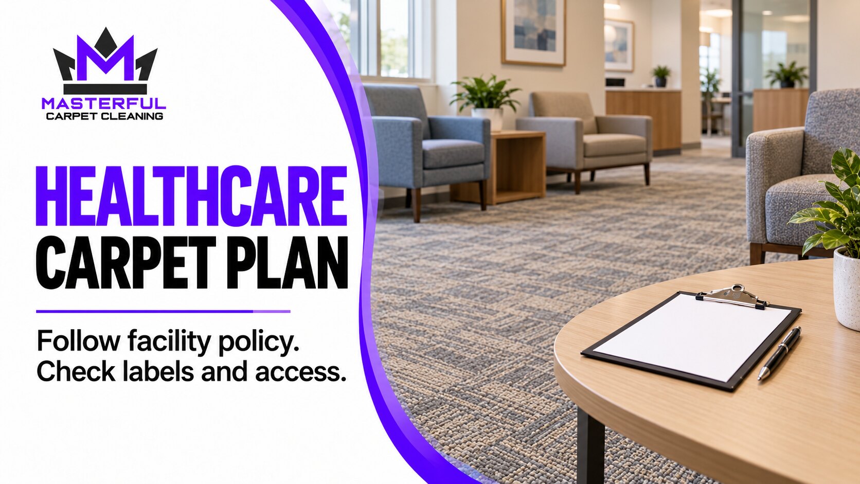 Masterful Healthcare Carpet Plan cover with an empty carpeted waiting area and blank clipboard; follow facility policy and check labels and access.