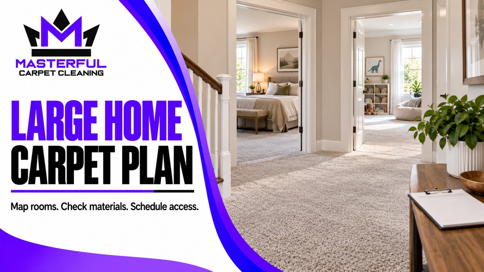 Masterful large home carpet plan showing carpeted hallway, stairs and rooms with the steps map rooms, check materials and schedule access
