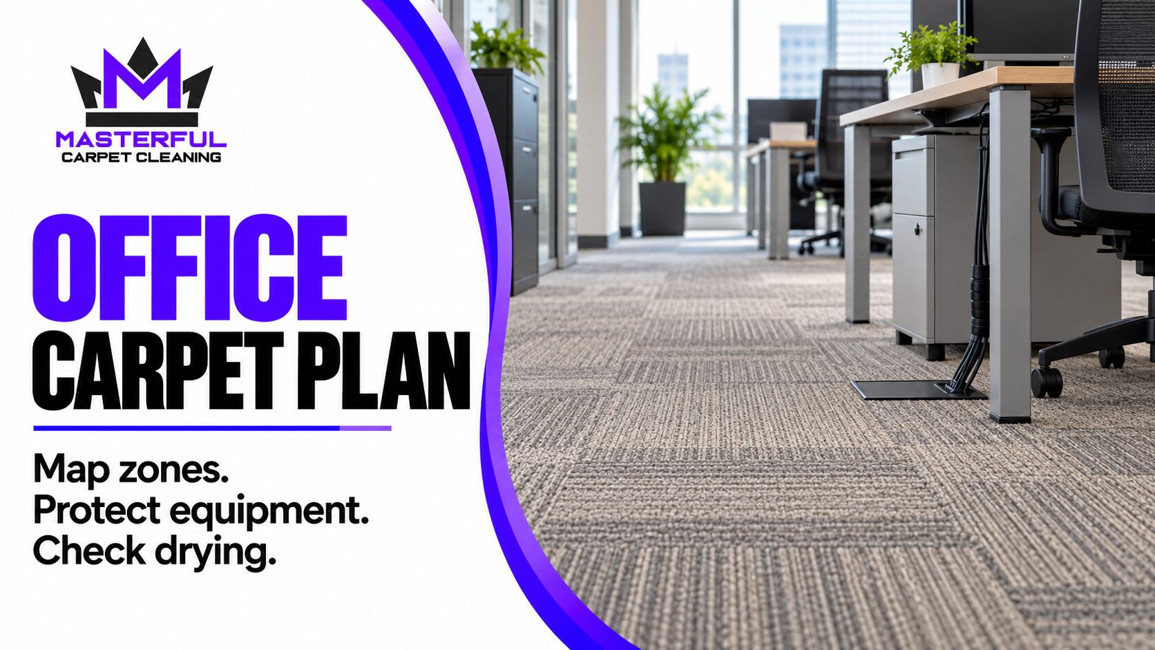 Masterful Carpet Cleaning office carpet plan: clear carpeted route between desks, with reminders to map zones, protect equipment and check drying.