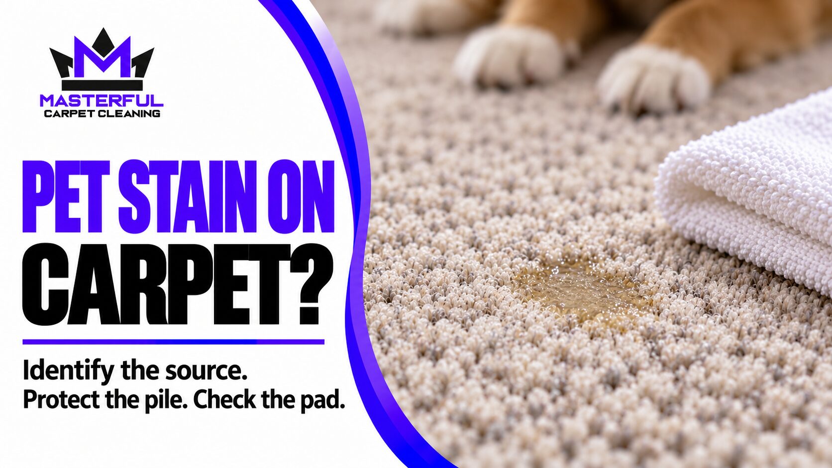 Masterful pet stain on carpet guide with a small pale spot, dog paws, verified logo and text to identify the source, protect the pile and check the pad