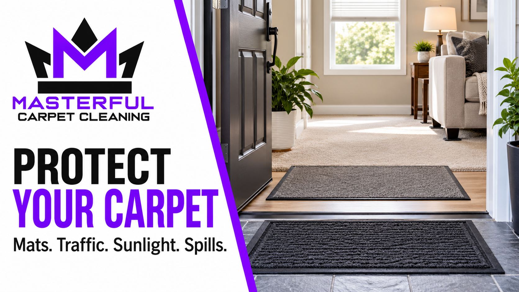 Masterful Carpet Cleaning branded illustration of clean entrance mats, a sunlit room and protected furniture beside text about carpet care