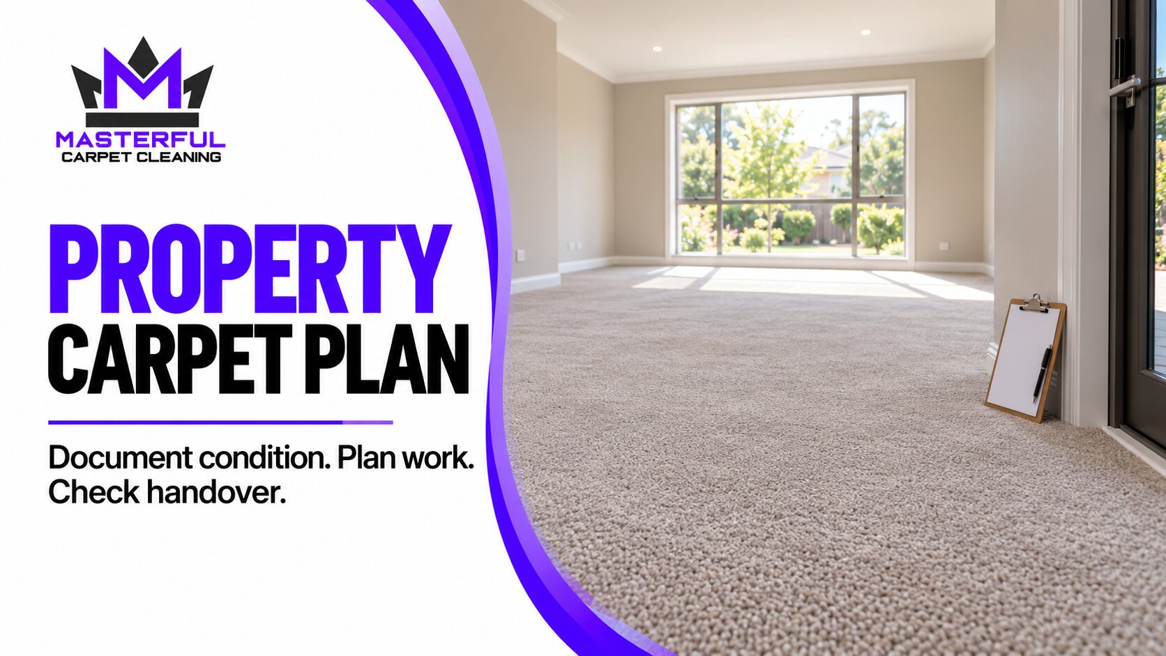 Masterful Carpet Cleaning property carpet plan cover with an empty carpeted room and the words Document condition, plan work, check handover