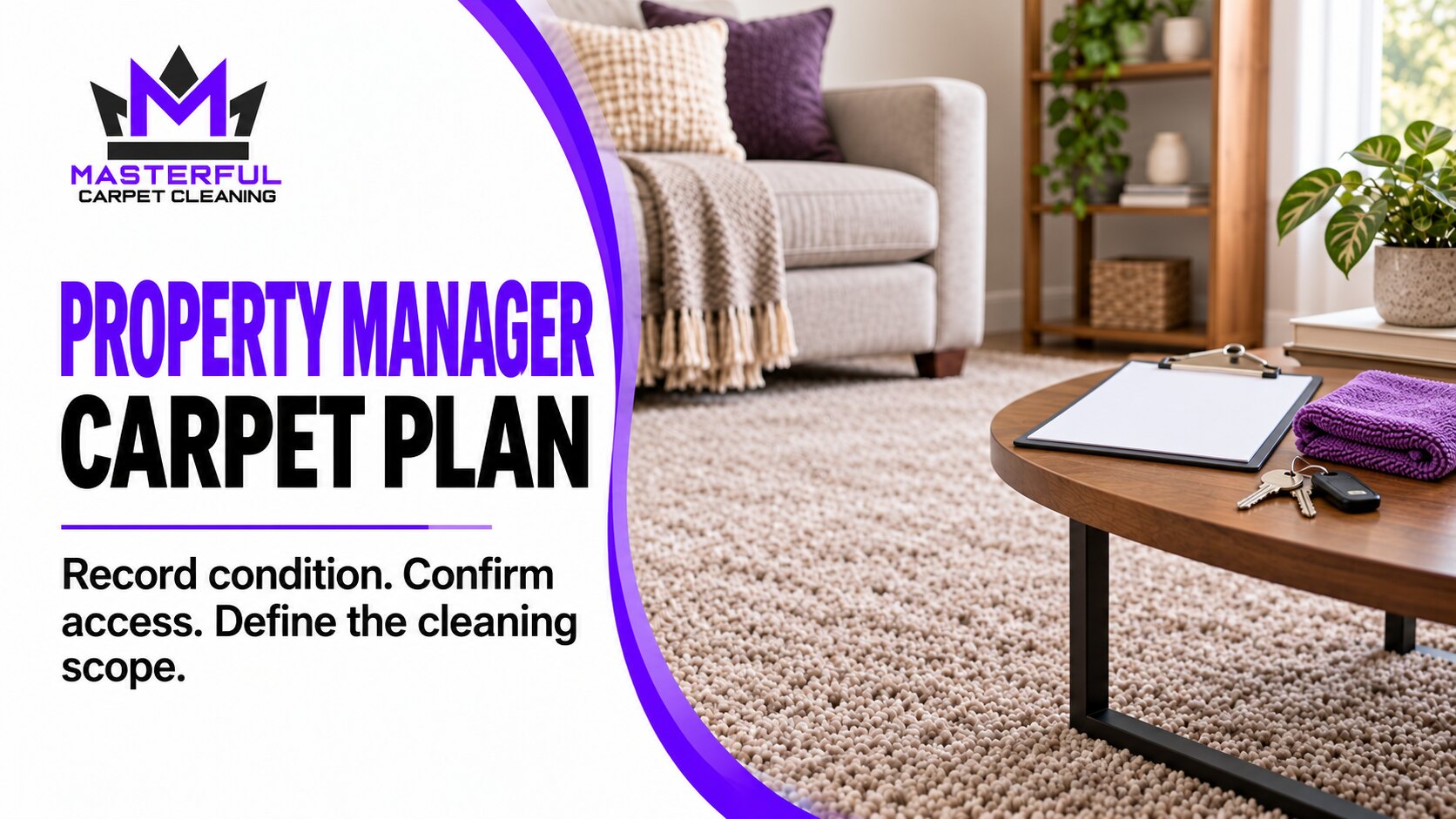 Masterful Property Manager Carpet Plan cover with a rental carpet, blank clipboard, keys and purple cloth; record condition, confirm access and define scope.