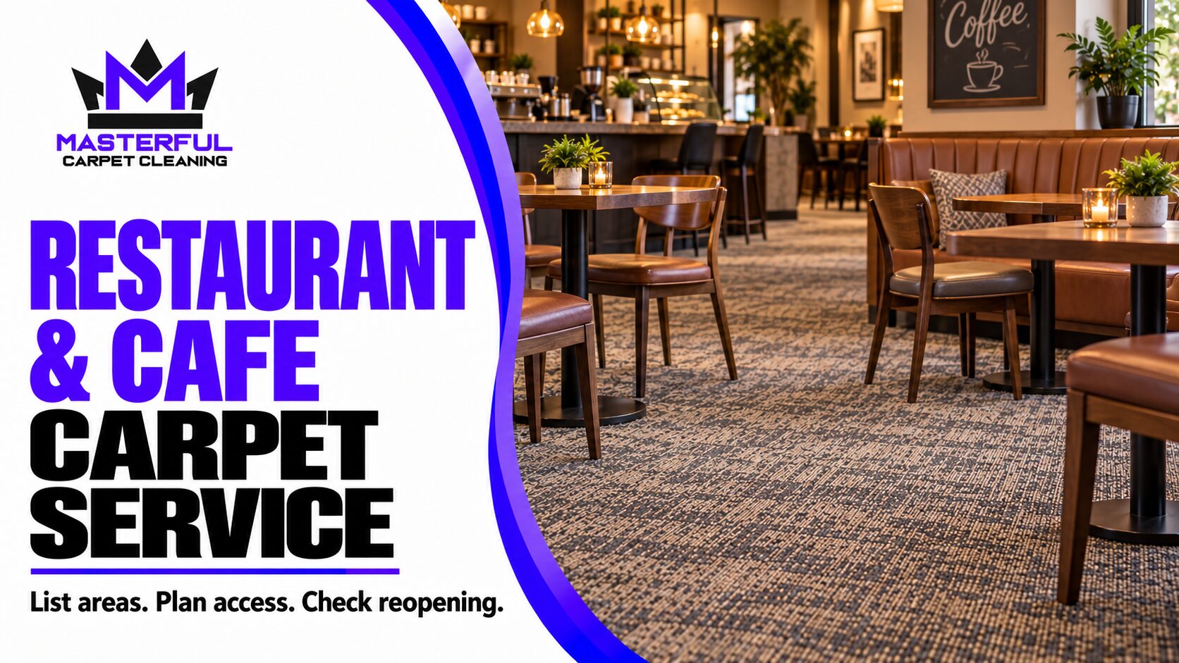 Masterful restaurant and cafe carpet service image showing carpeted cafe seating and the steps to list areas, plan access and check reopening