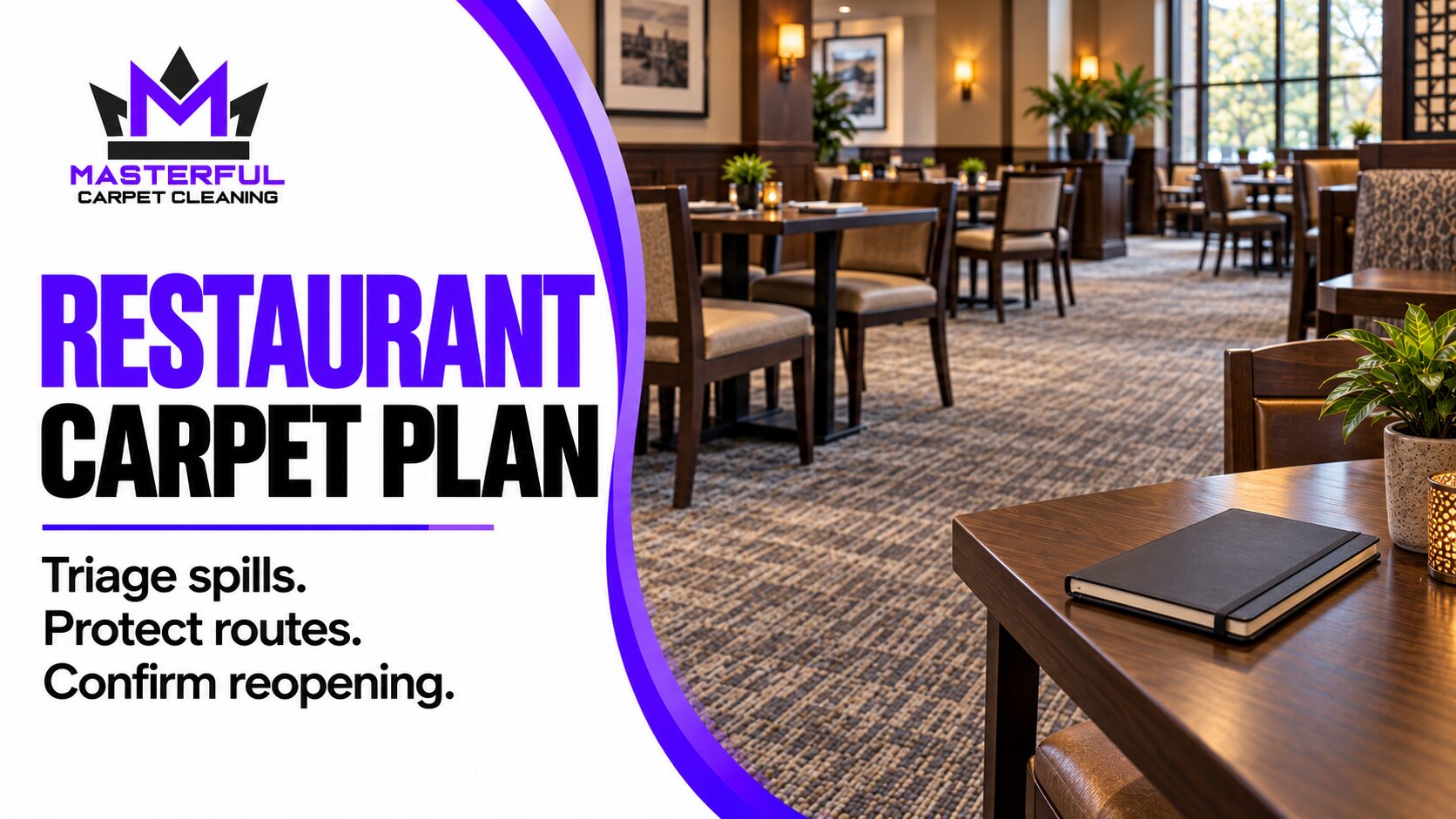 Masterful Carpet Cleaning restaurant carpet plan cover showing an empty carpeted dining area and the words Triage spills, protect routes, confirm reopening