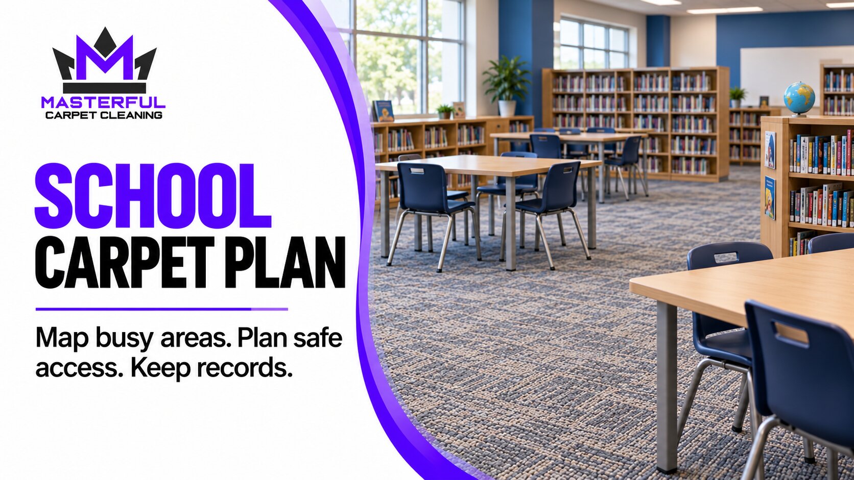 Masterful Carpet Cleaning school carpet plan cover with a carpeted library and the words Map busy areas, plan safe access, keep records