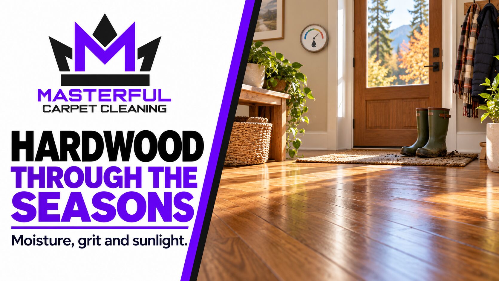 Illustrative hardwood entryway with rain boots, sunlight, a humidity meter and the Masterful Carpet Cleaning logo beside the words Hardwood Through the Seasons.