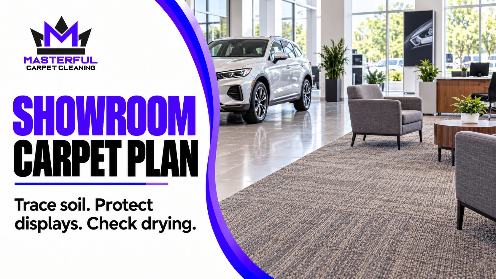 Masterful Carpet Cleaning showroom carpet plan: carpeted customer seating beside a display vehicle on hard flooring, with reminders to trace soil, protect displays and check drying.