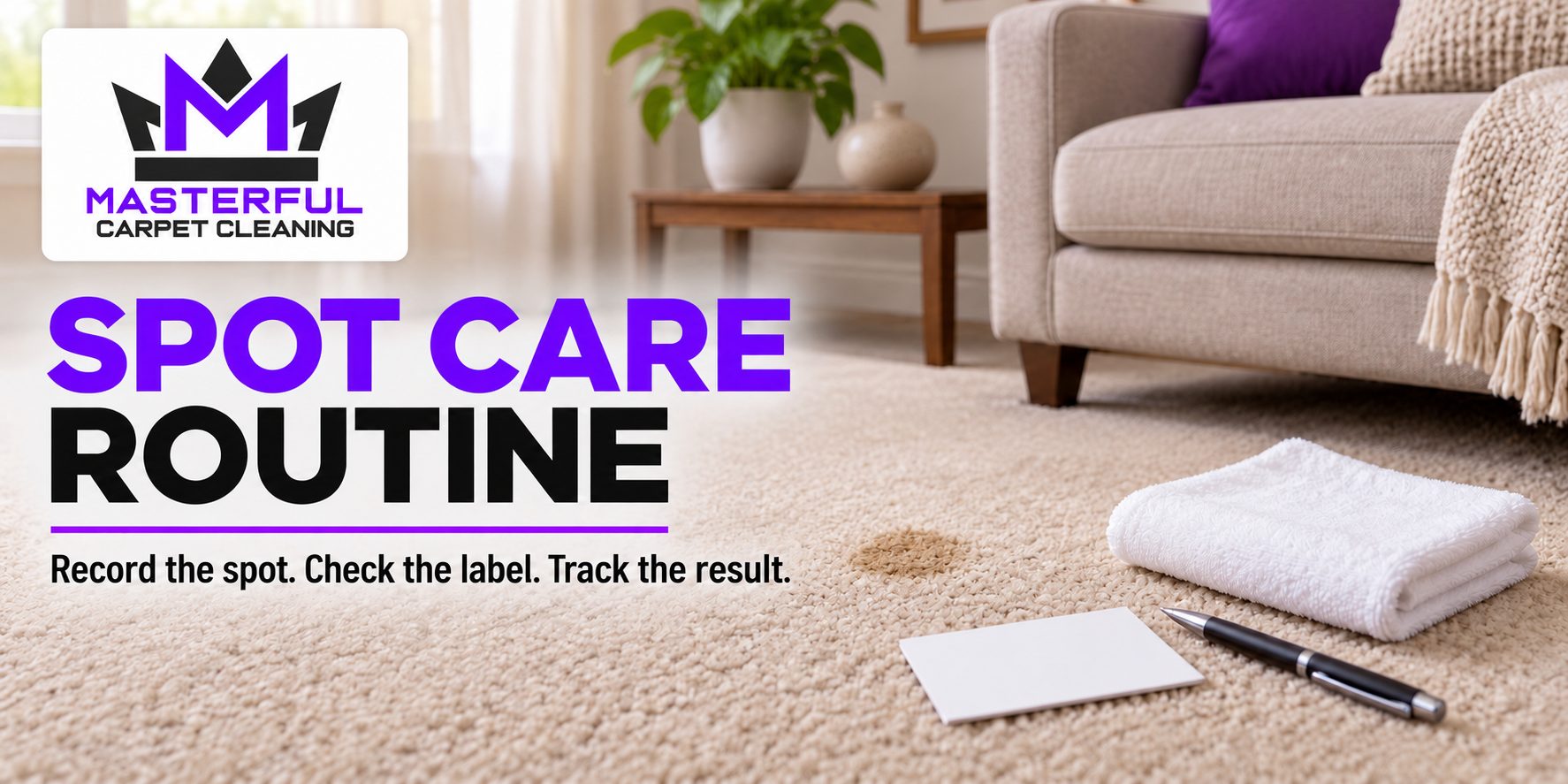 Masterful spot care routine cover with purple and black logo, small carpet mark, folded white cloth, blank note card and pen